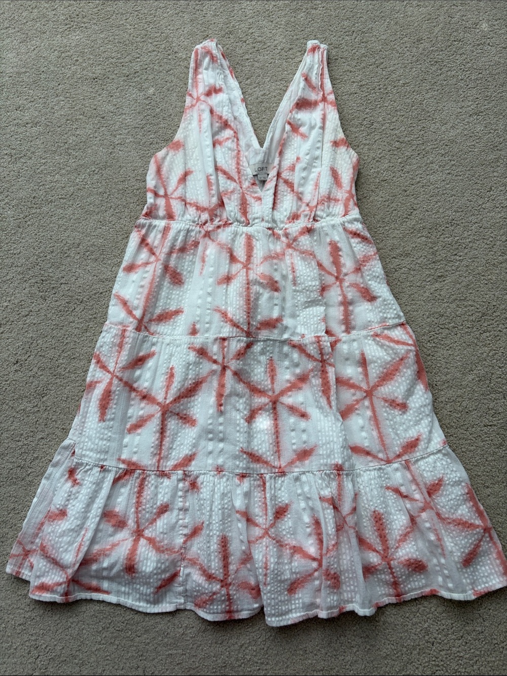 LOFT cotton petite small White Dress with Coral Tie-Dye Starburst Print